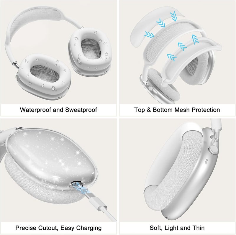 MINDRESY [4 in 1] Silicone Case Cover for AirPods Max,Clear Soft TPU Ear Cups Cover/Ear Pad Case/Headband Cover for AirPods Max(2024/2020),Transparent Accessories for Apple AirPod Max (USB-C),Glitter White - Image 5